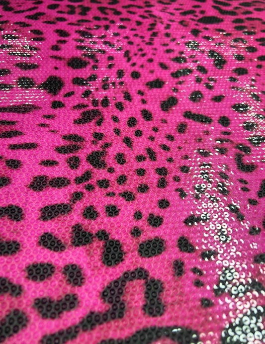 Fuchsia Leopard Sequin Fabric - Two Way Stretch Sparkly Party Textile By Yard