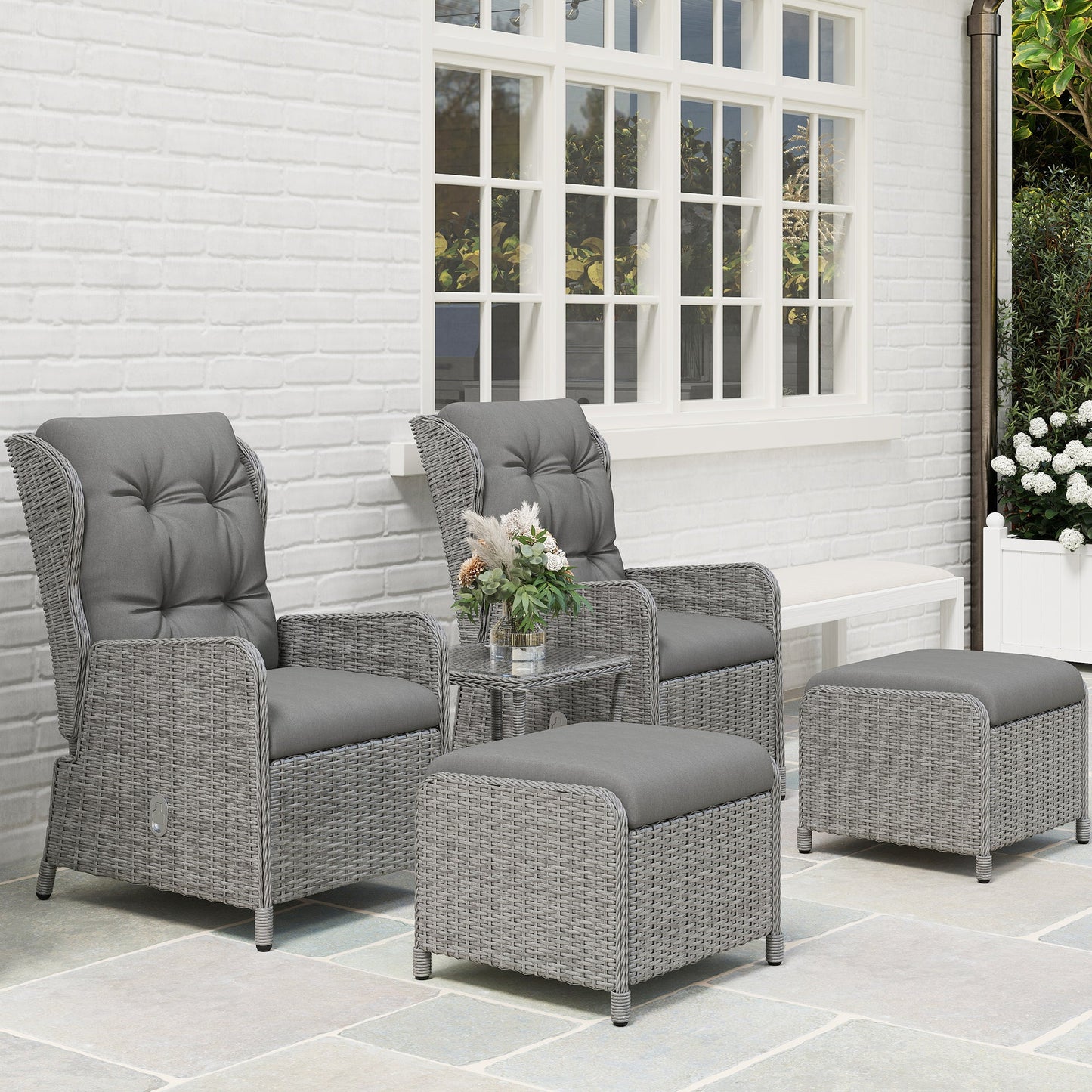 Outsunny Recliner Rattan Garden Furniture w/ Two-tier Table, Light Grey