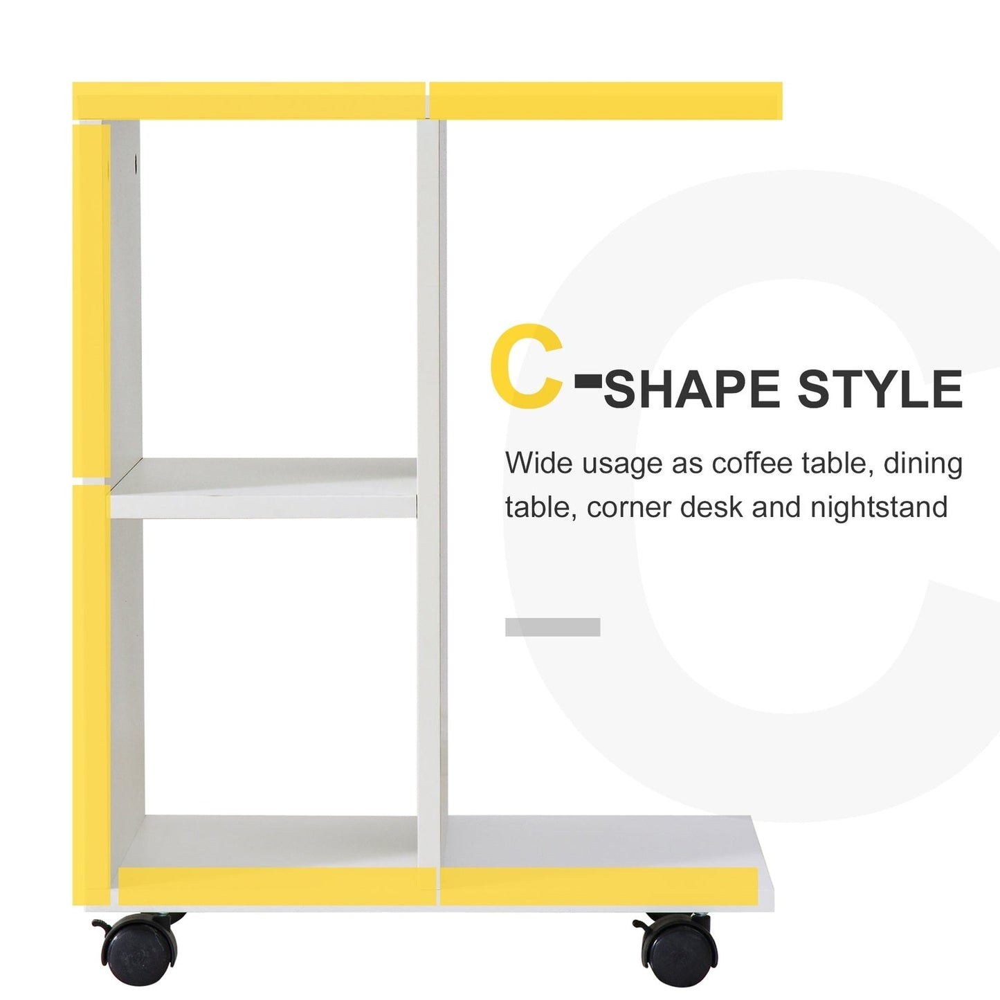 C Shape End Table Unique Storage Unit W 2 Shelves 4 Wheels Freestanding Home Office Furniture Cabinet Square Studio White