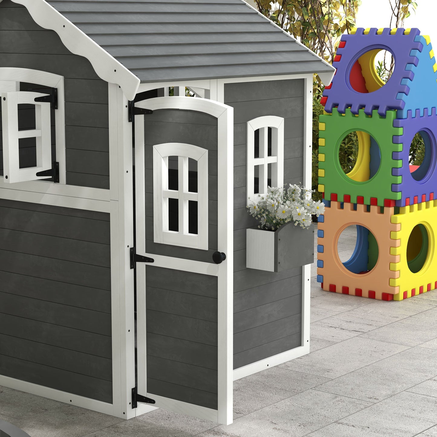 Outsunny Wooden Wendy House for Kids with Floor, for Gardens, Patios - Grey