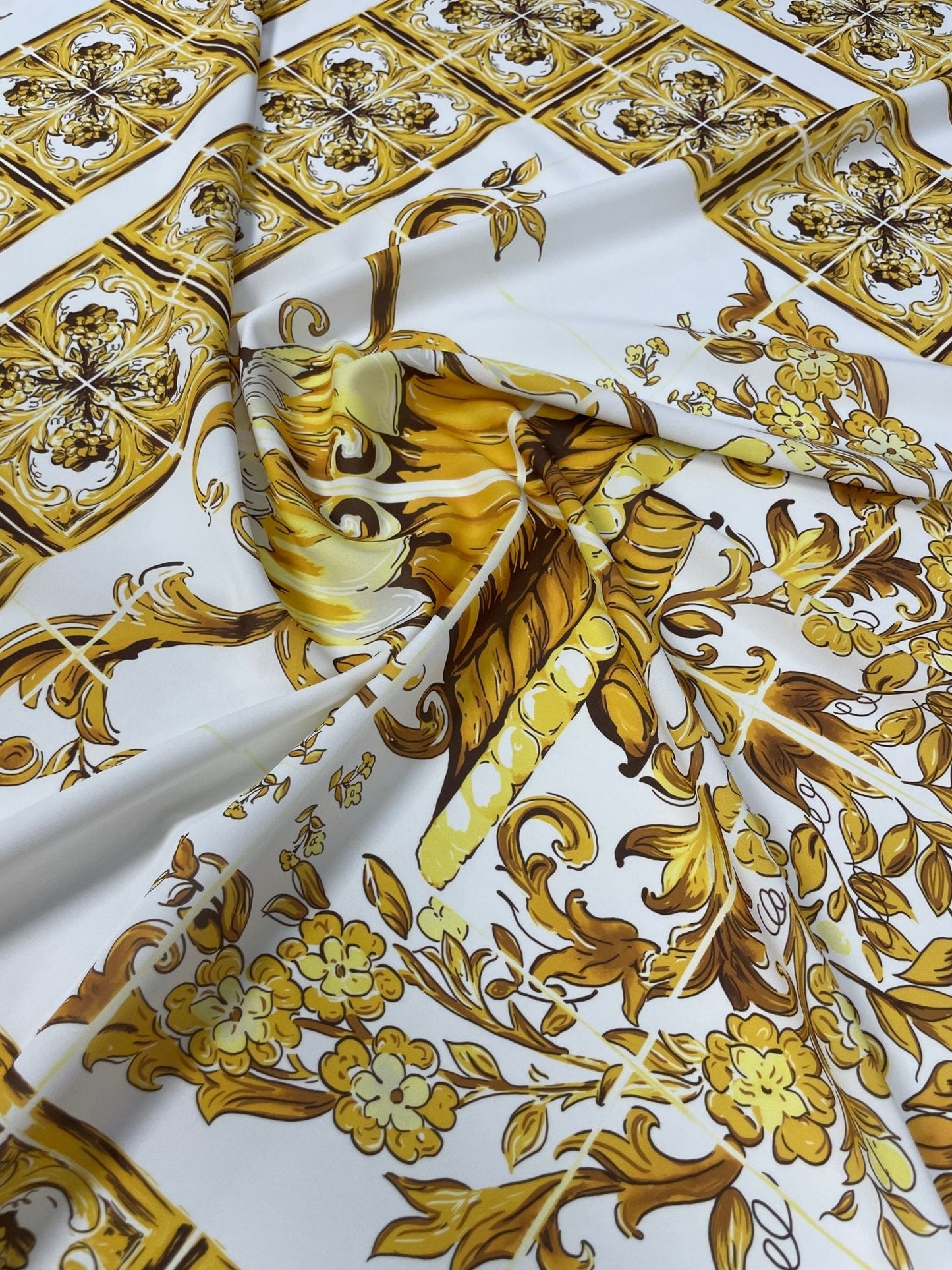 Gold Baroque Floral Crepe Fabric by the Metre – Luxury Dressmaking