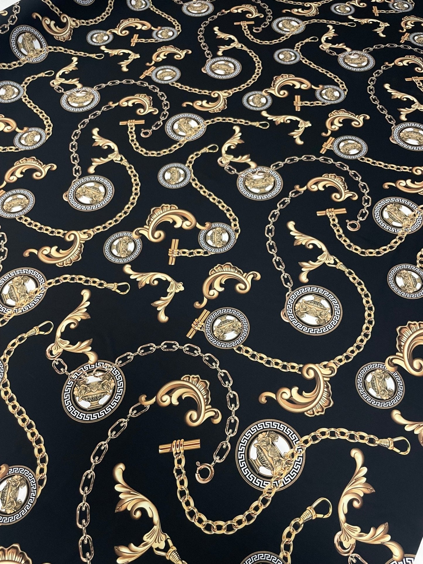 Gold Chain & Medallion Crepe Fabric by the Metre – Luxury