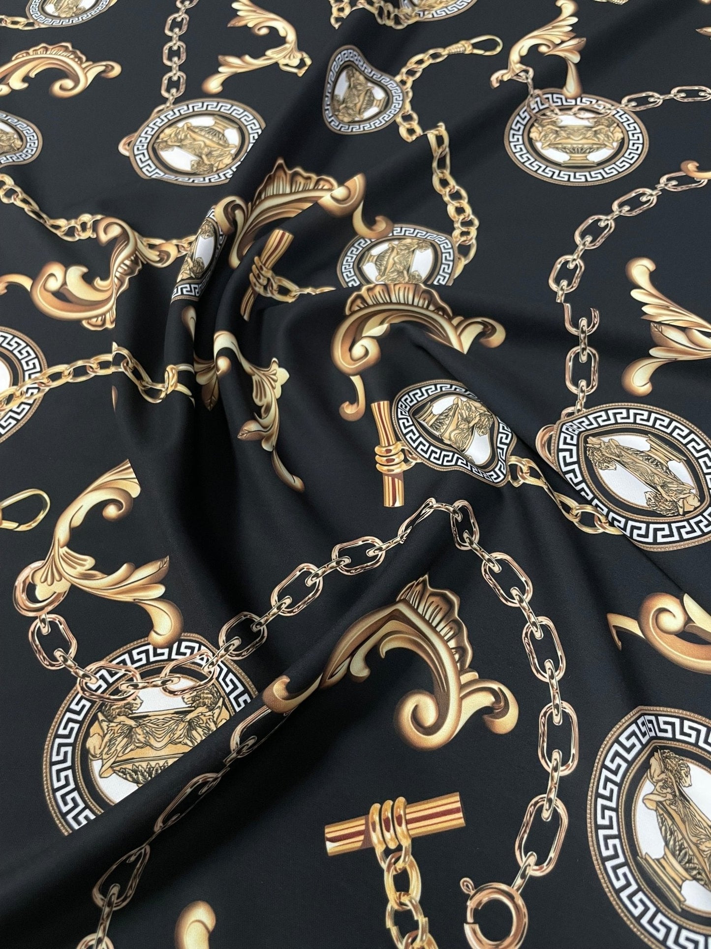 Gold Chain & Medallion Crepe Fabric by the Metre – Luxury