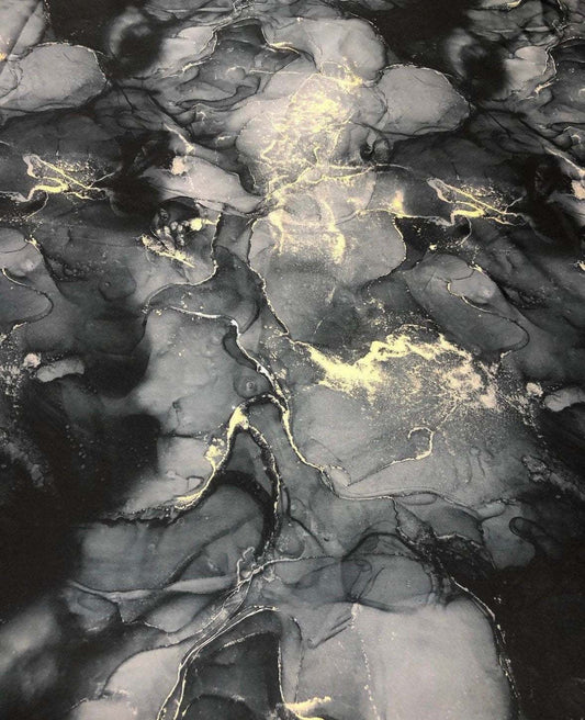 Gray Tie Dye Fabric with Gold Accents – Custom Printed Fabric on Satin, Crepe, Spandex or Chiffon