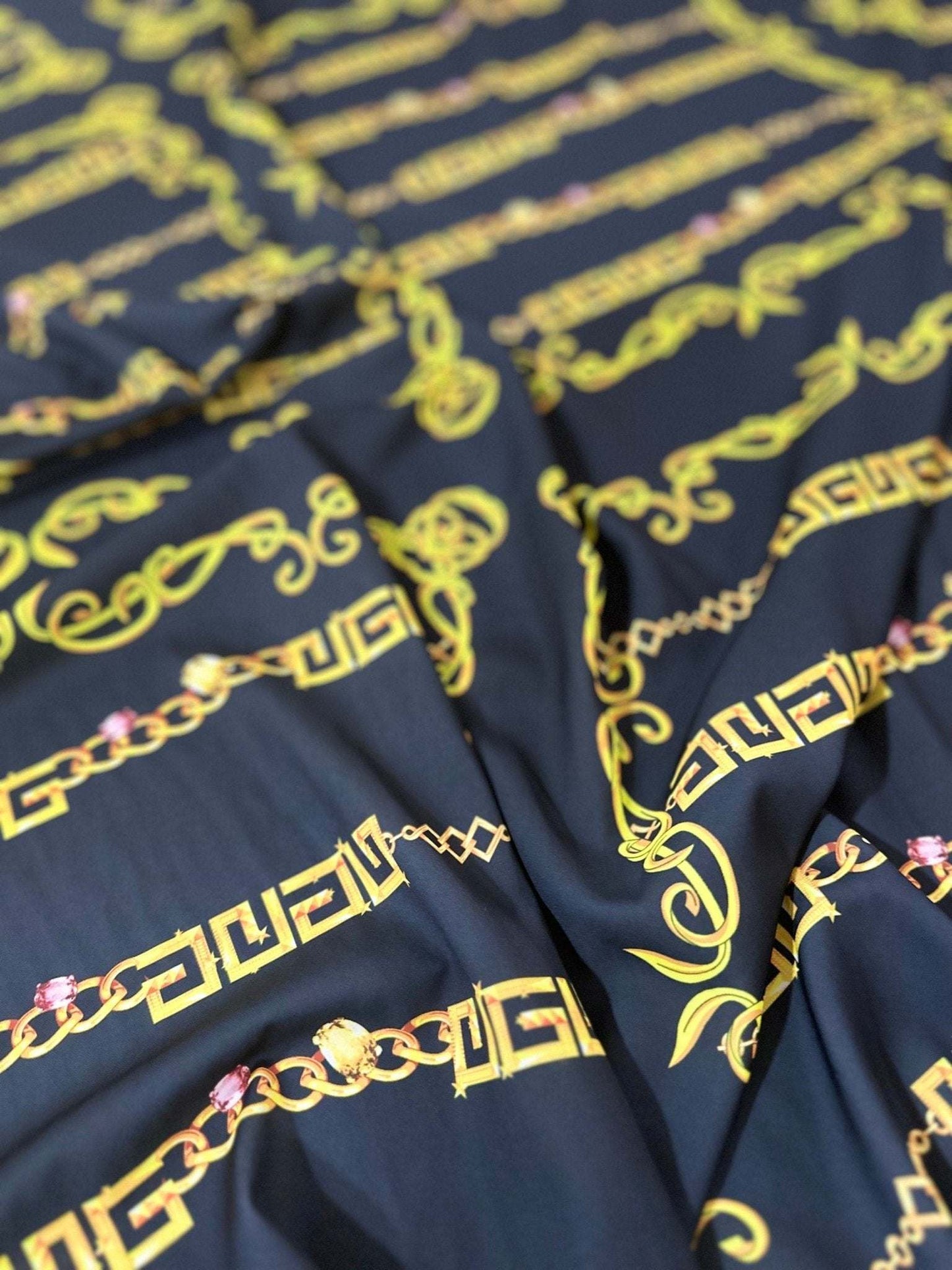 Gold Greek Key Fabric – Fabric by Metre, Options: Satin, Crepe, Spandex, Chiffon