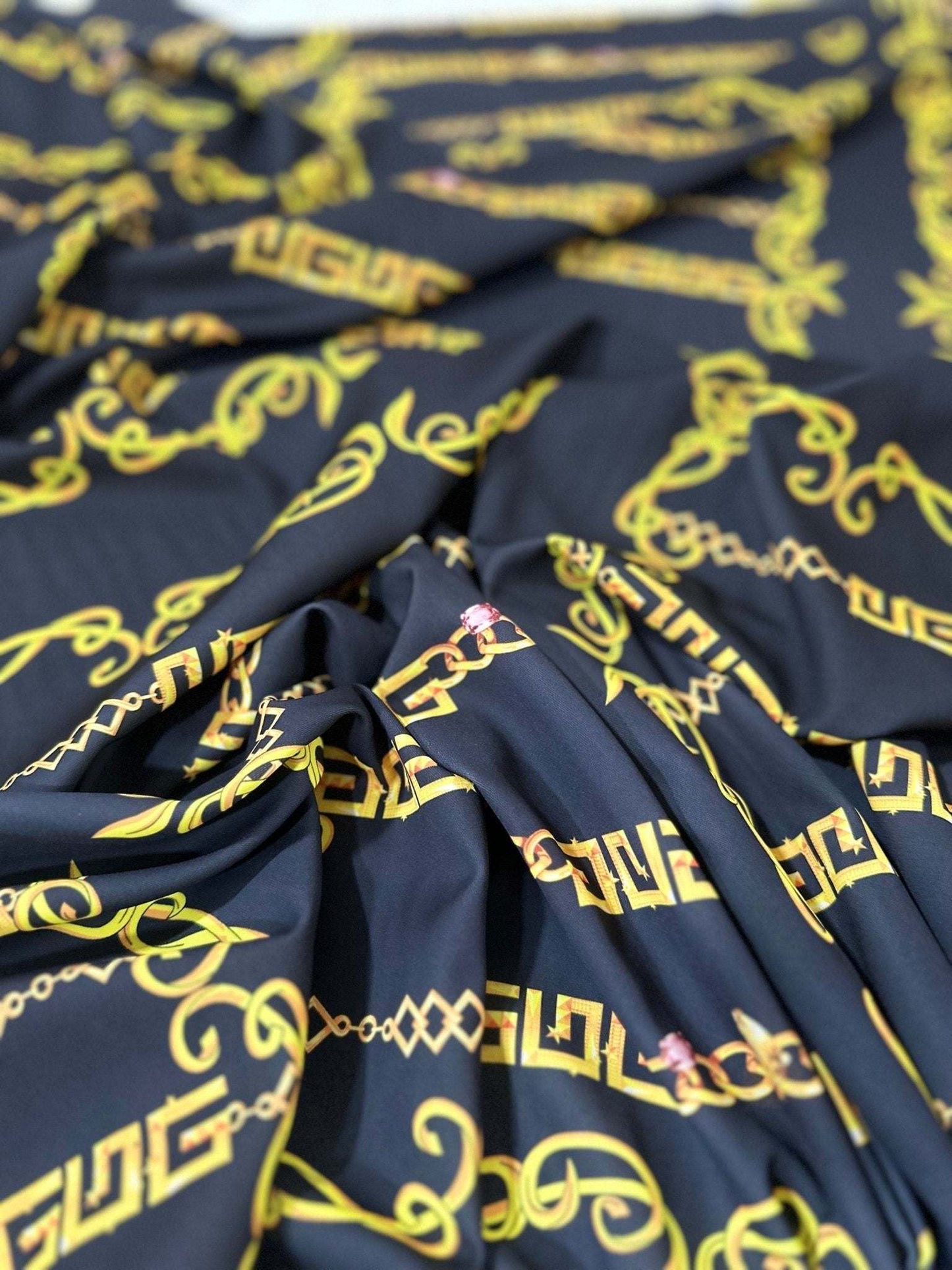 Gold Greek Key Fabric – Fabric by Metre, Options: Satin, Crepe, Spandex, Chiffon
