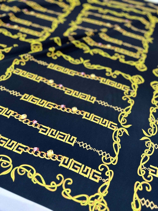 Gold Greek Key Fabric – Fabric by Metre, Options: Satin, Crepe, Spandex, Chiffon