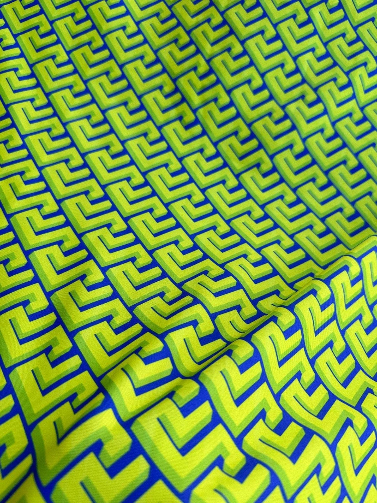 Greek Key Neon Green Geometric Fabric – Fabric by Metre, Options: Satin, Crepe, Spandex, Chiffon