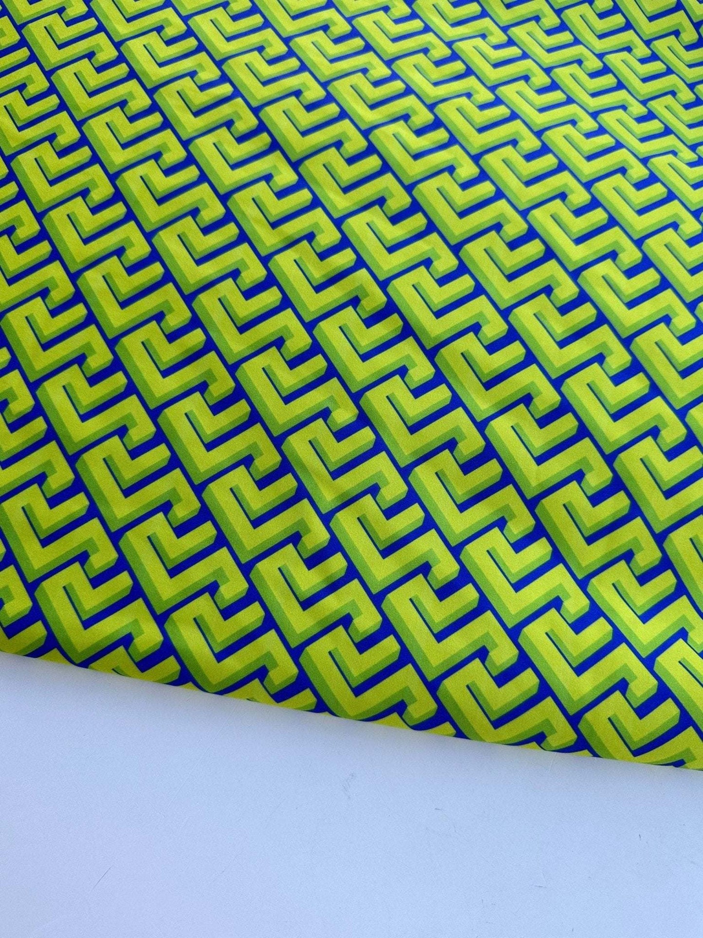 Greek Key Neon Green Geometric Fabric – Fabric by Metre, Options: Satin, Crepe, Spandex, Chiffon