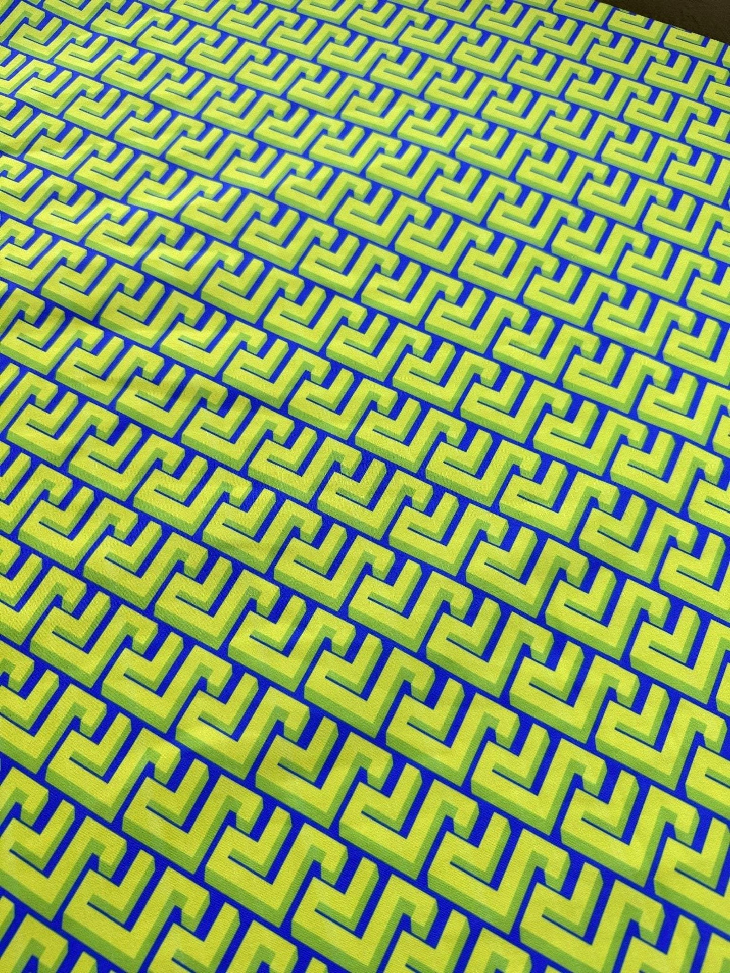 Greek Key Neon Green Geometric Fabric – Fabric by Metre, Options: Satin, Crepe, Spandex, Chiffon