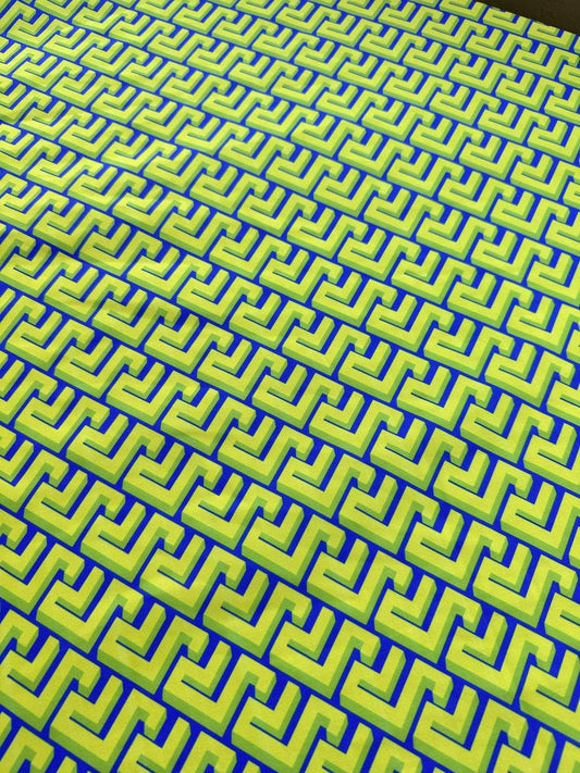 Greek Key Neon Green Geometric Fabric – Fabric by Metre, Options: Satin, Crepe, Spandex, Chiffon