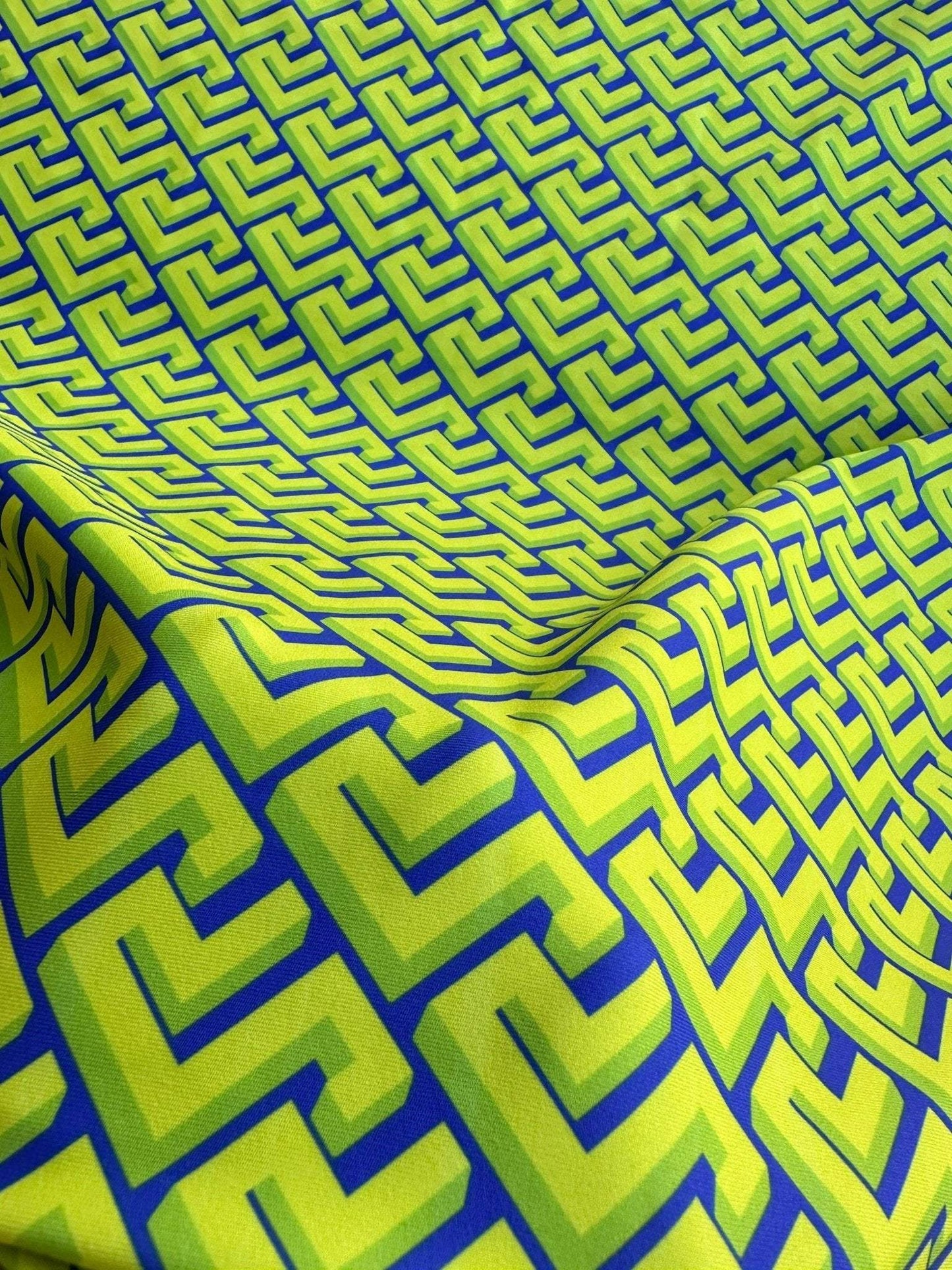 Greek Key Neon Green Geometric Fabric – Fabric by Metre, Options: Satin, Crepe, Spandex, Chiffon