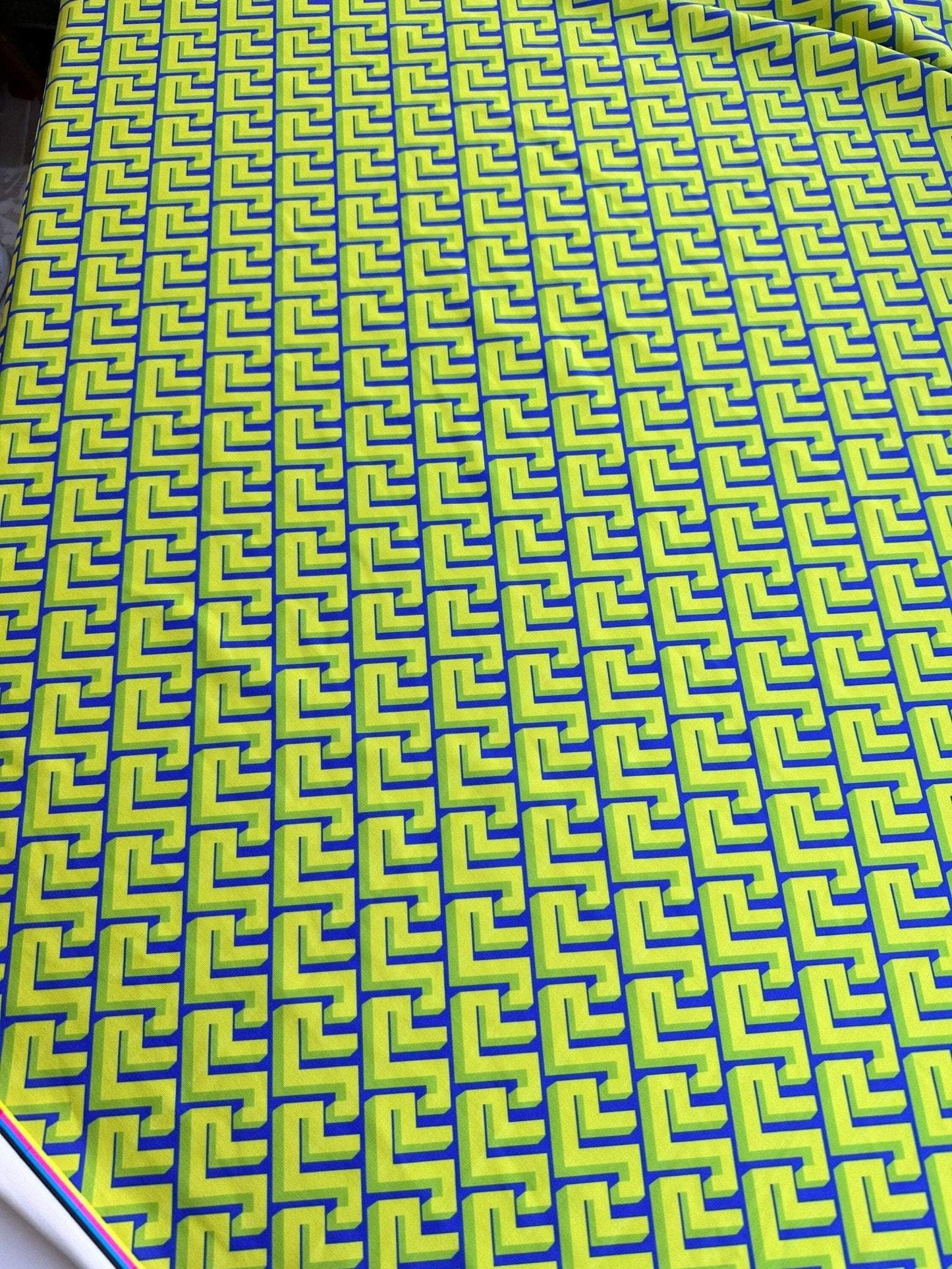 Greek Key Neon Green Geometric Fabric – Fabric by Metre, Options: Satin, Crepe, Spandex, Chiffon