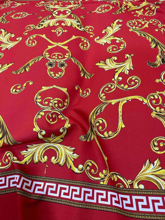 Greek Key Red Fabric – Available in Satin, Crepe, Spandex & Chiffon | By Metre