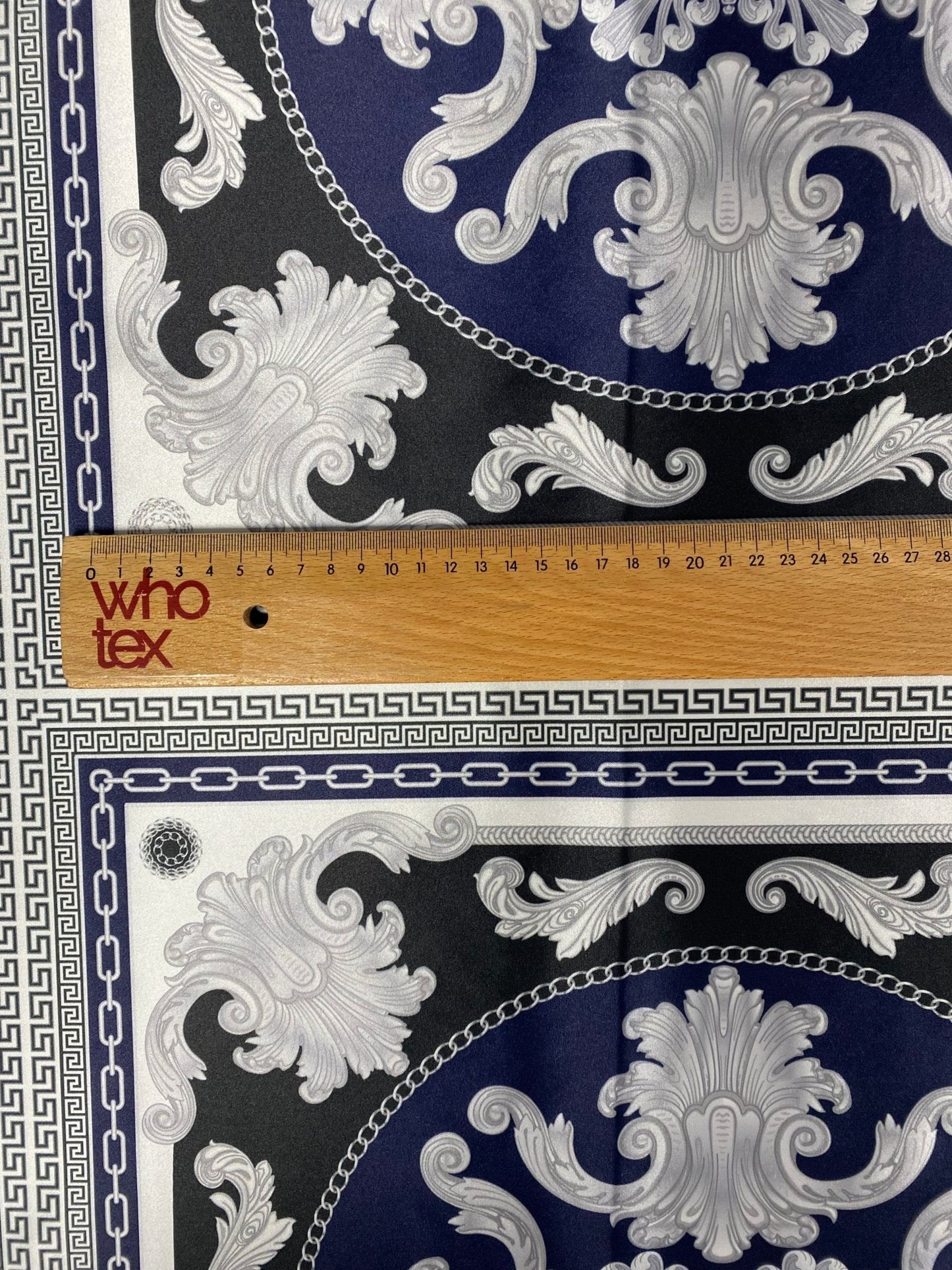 Greek Key Pattern with Navy Blue Baroque Fabric – Available in Satin, Crepe, Spandex & Chiffon | By Metre