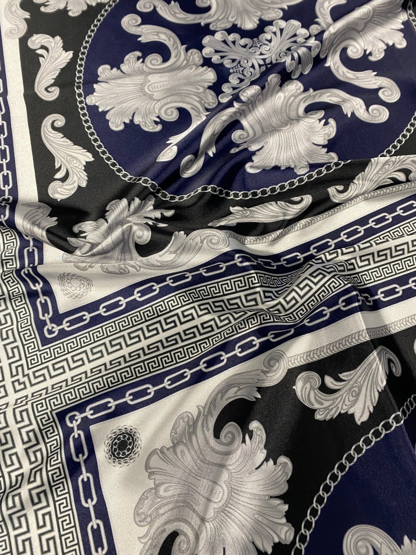 Greek Key Pattern with Navy Blue Baroque Fabric – Available in Satin, Crepe, Spandex & Chiffon | By Metre