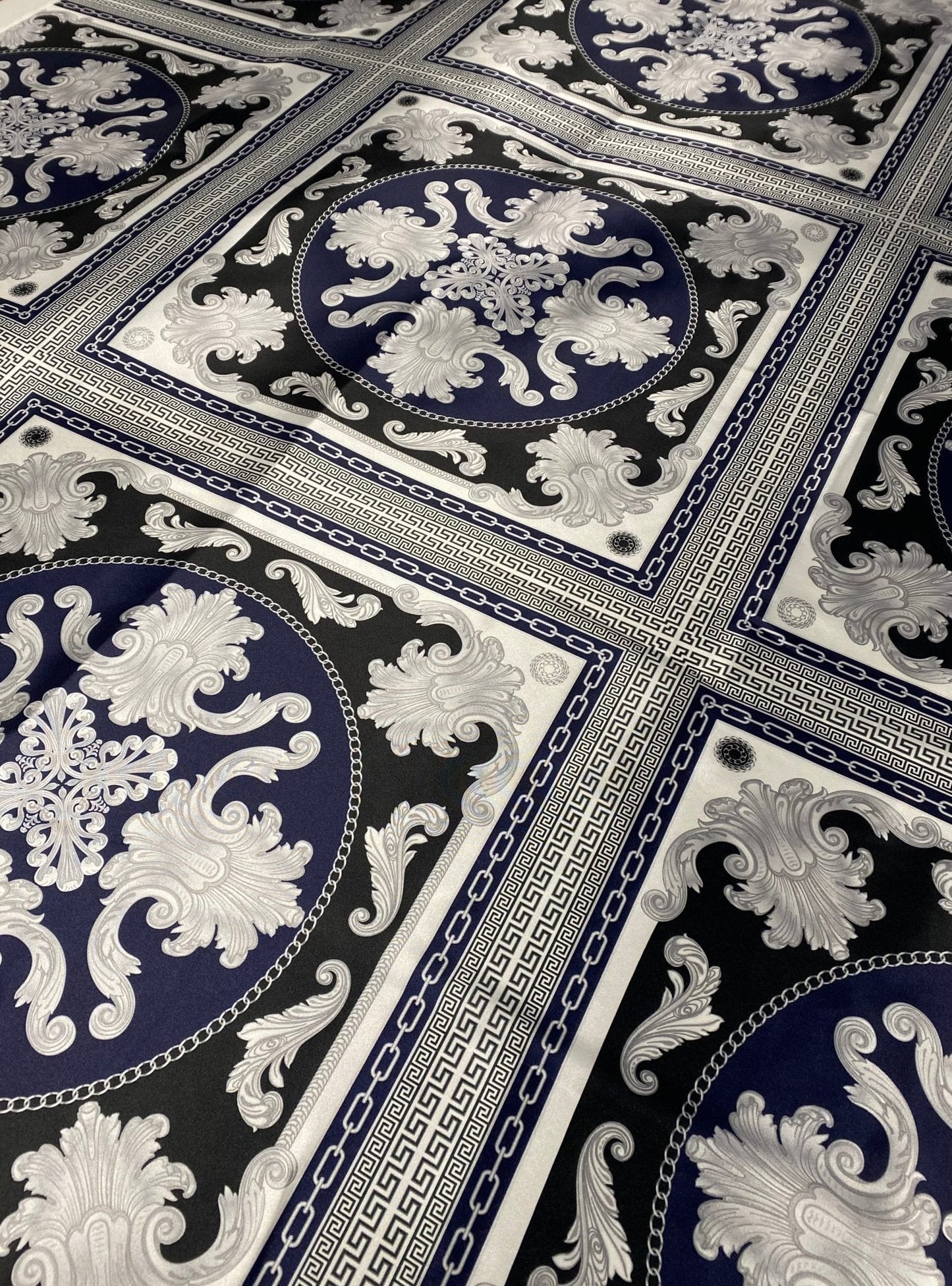 Greek Key Pattern with Navy Blue Baroque Fabric – Available in Satin, Crepe, Spandex & Chiffon | By Metre