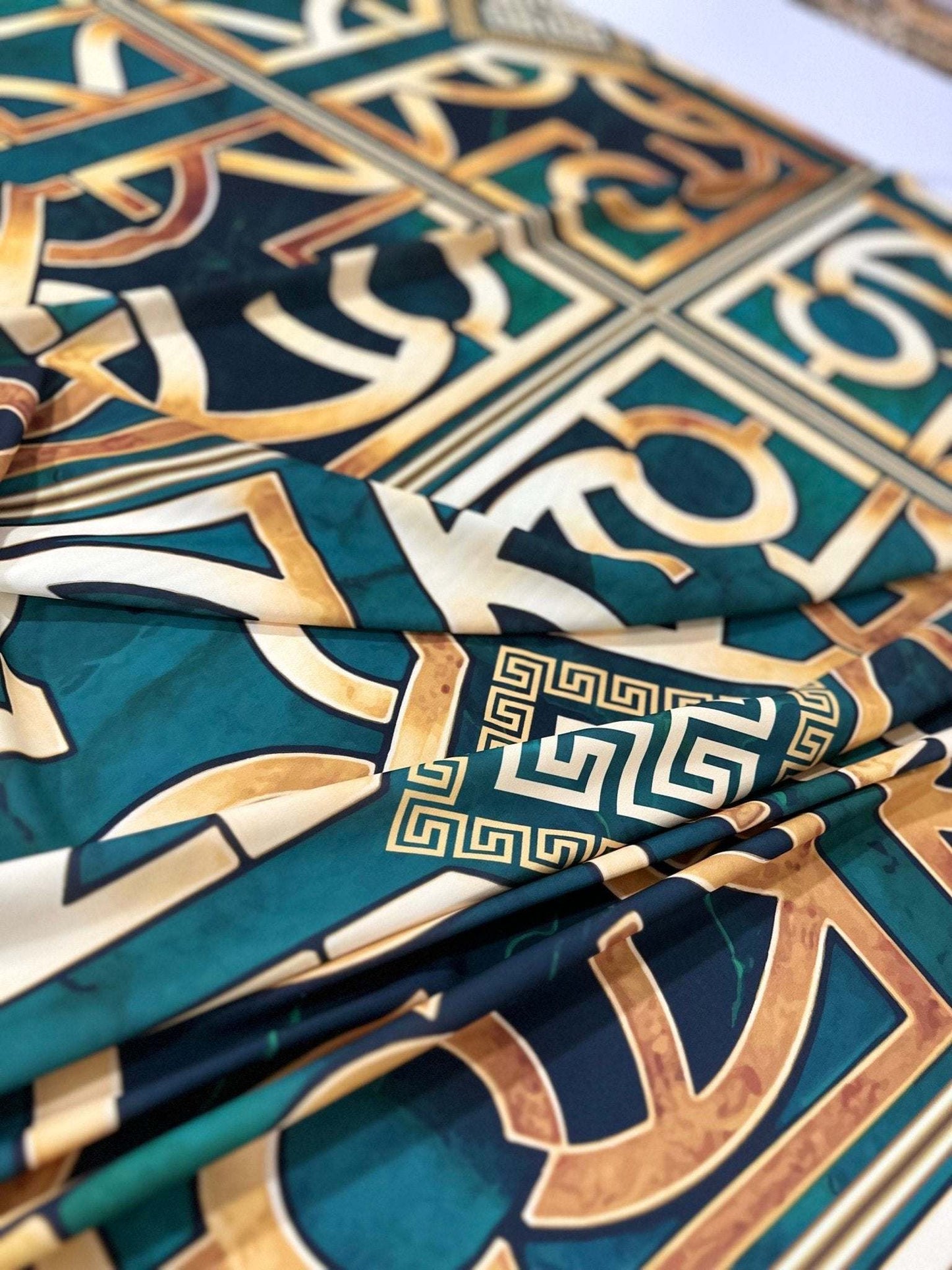 Green Gold Crepe Silky Fabric – Custom Printed Fabric, Choose Material by Metre