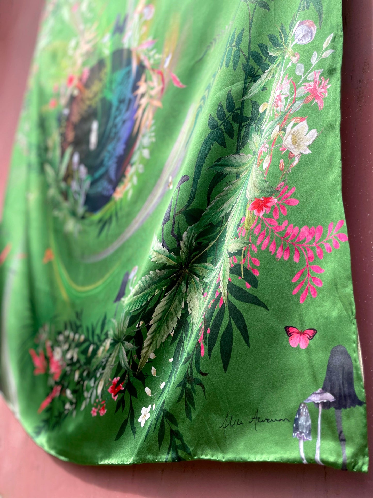 Large green silk scarf with mushroom and crystal, magical ‘Evissa’ print