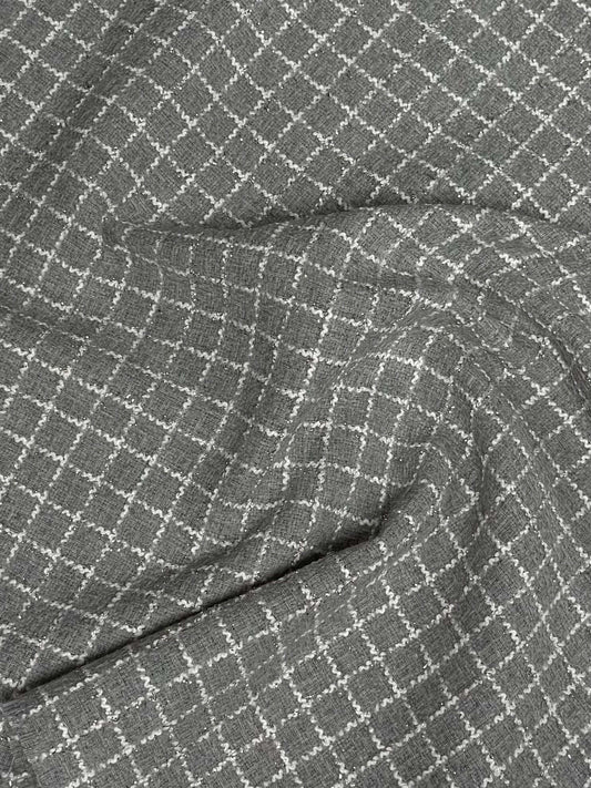 Grey Wool Tweed Fabric – Glitter Checked Suiting by the Metre