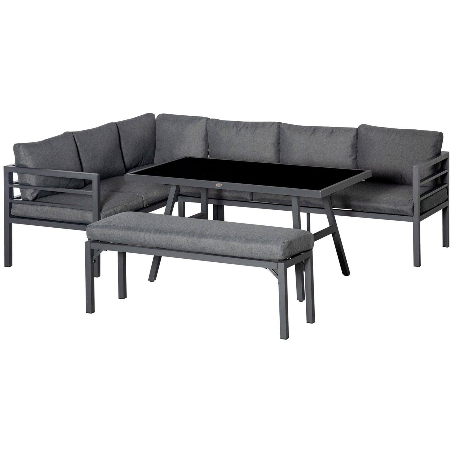 4 Piece L-shaped Garden Furniture Set 8 Seater Aluminium Outdoor Dining Set Conversation Sofa Set w/ Bench