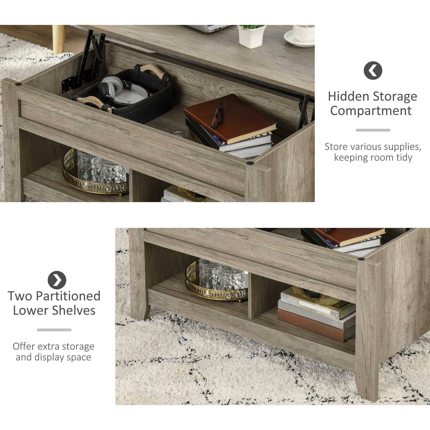 Lift Top Coffee Table w/ Hidden Storage Compartment Open Shelves Lift Tabletop Pop Up Centre Table for Living Room Oak Effect