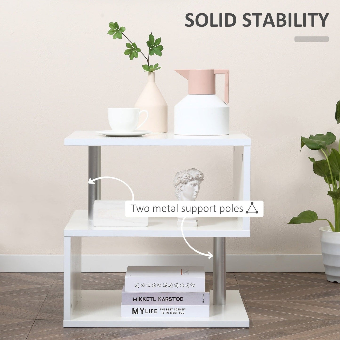 Coffee End Table S shape 2 Tier Storage Shelves Organizer Versatile Home office furniture White
