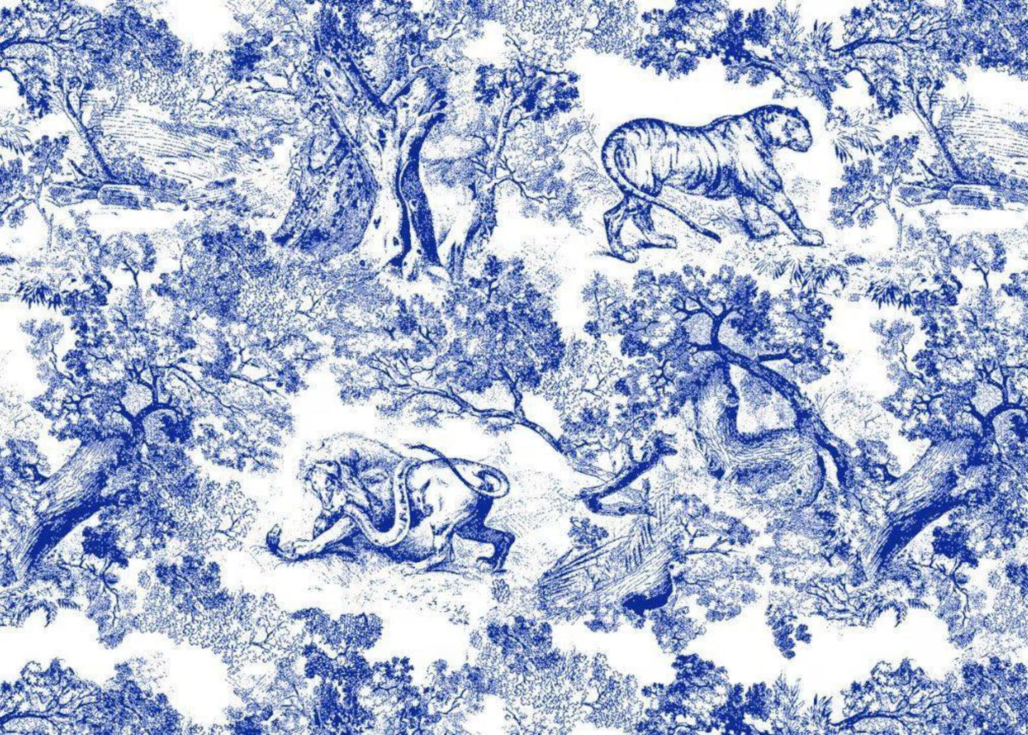 Blue Toile de Jouy Animals Organic Cotton Poplin Fabric by the Metre