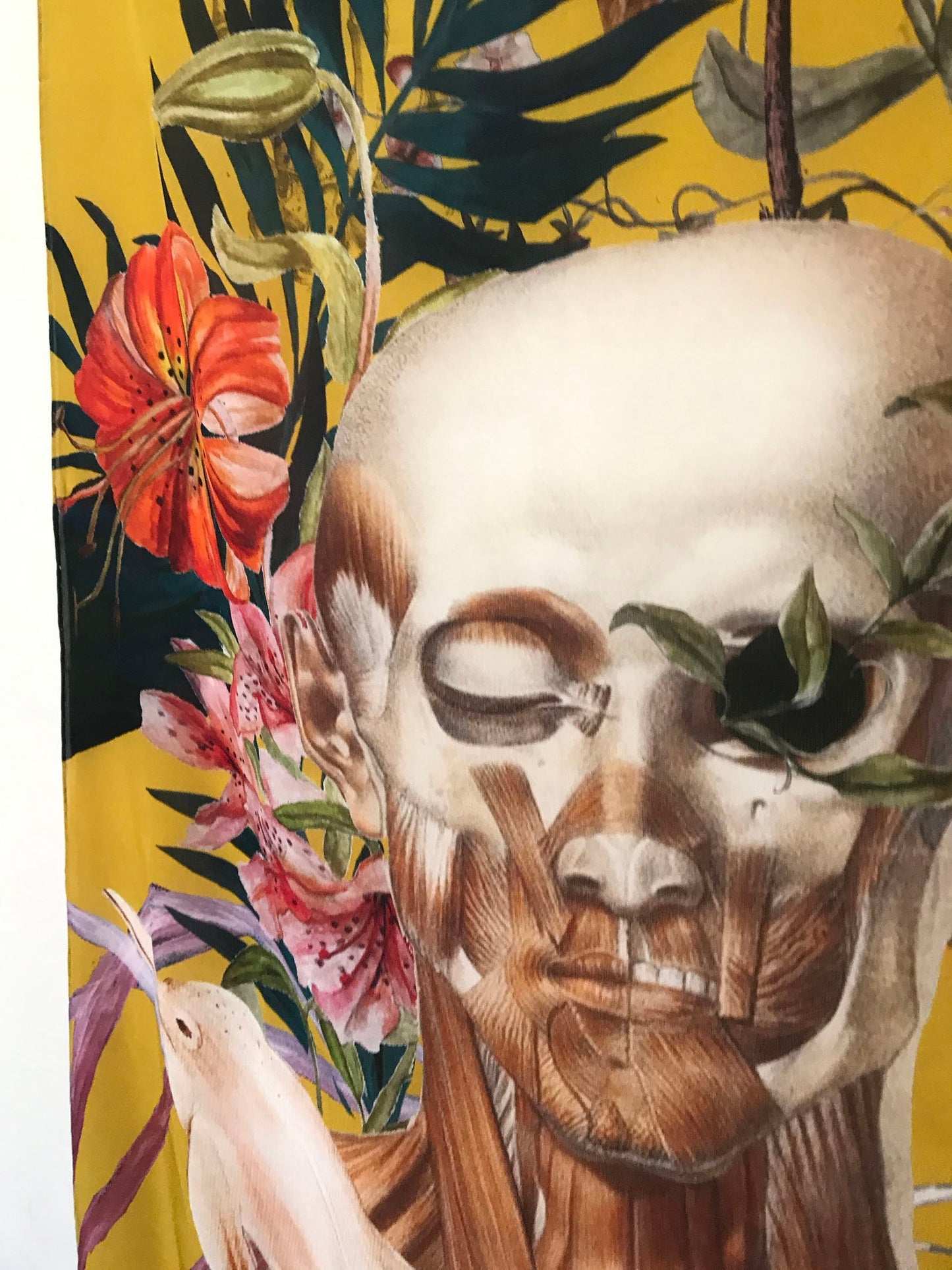 Yellow tropical print Scarf with floral skull design "Boto Silk" long Silk scarf in rectangular shape