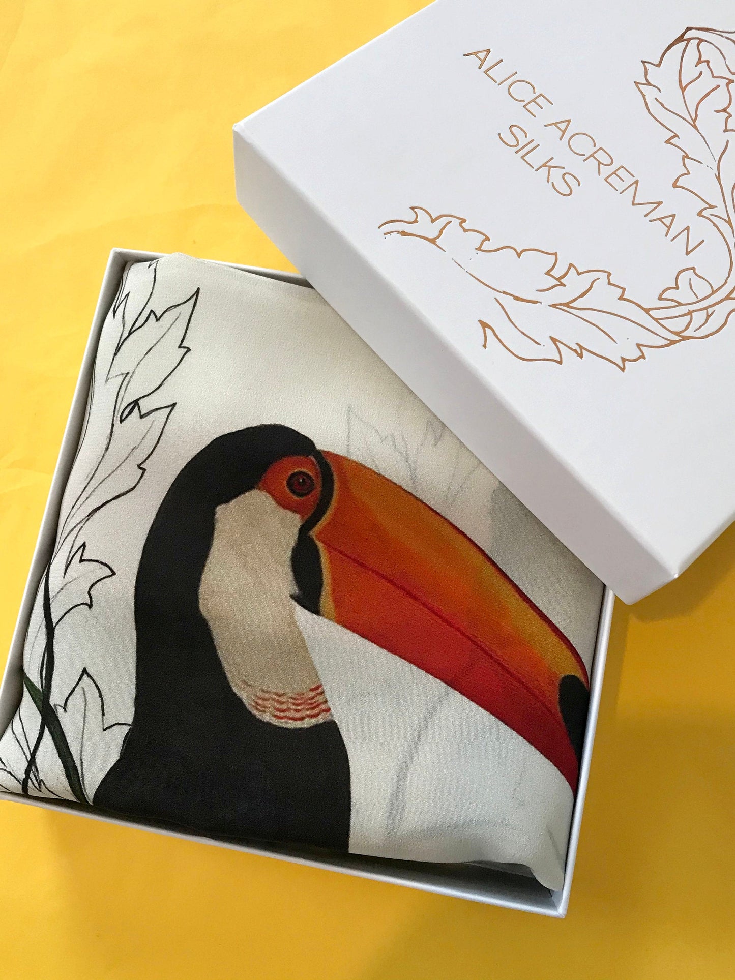 Square silk scarf with orange boarder 'Toucan Silk'