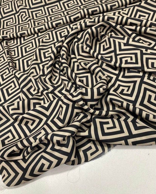 Greek Key Design Fabric – Fabric by Metre, Options: Satin, Crepe, Spandex, Chiffon