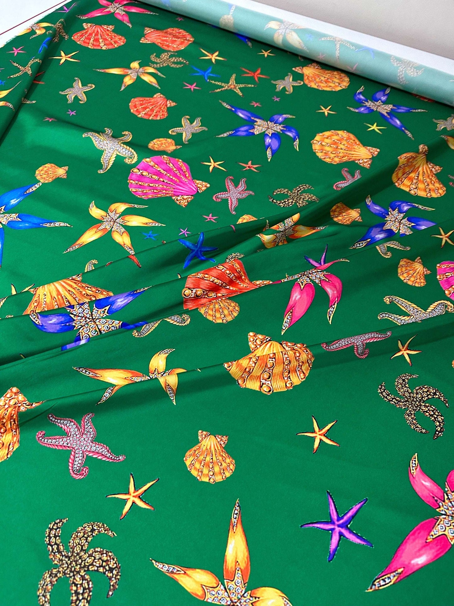 Sea Shell Pattern Green Fabric – Multiple Fabric Options, Sold by Metre