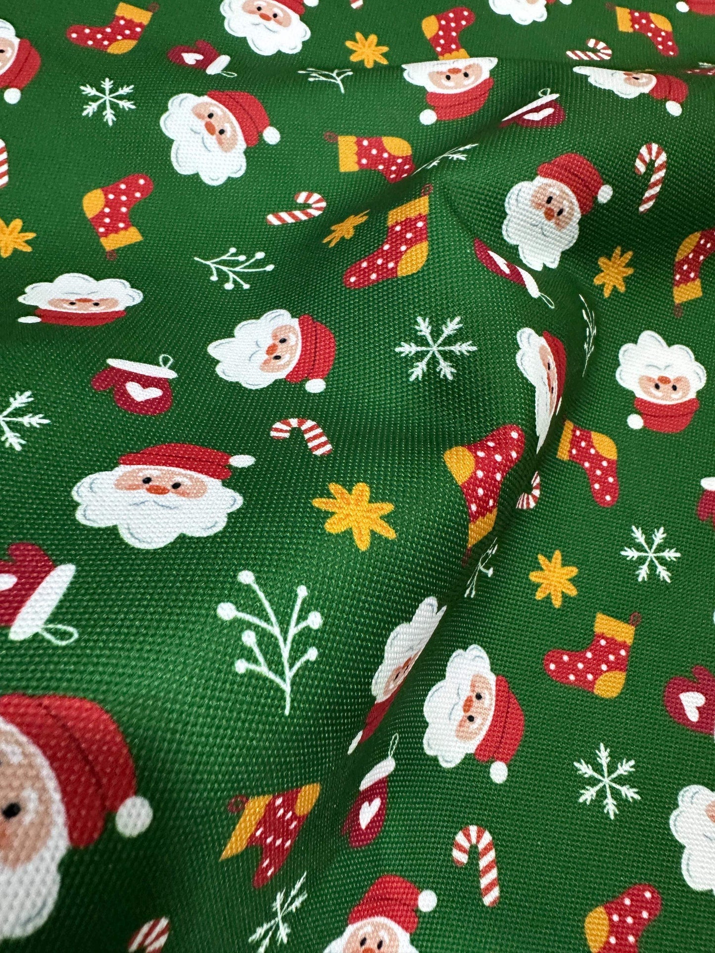 Green Santa Claus Christmas Fabric – Multiple Fabric Options, Sold by Metre