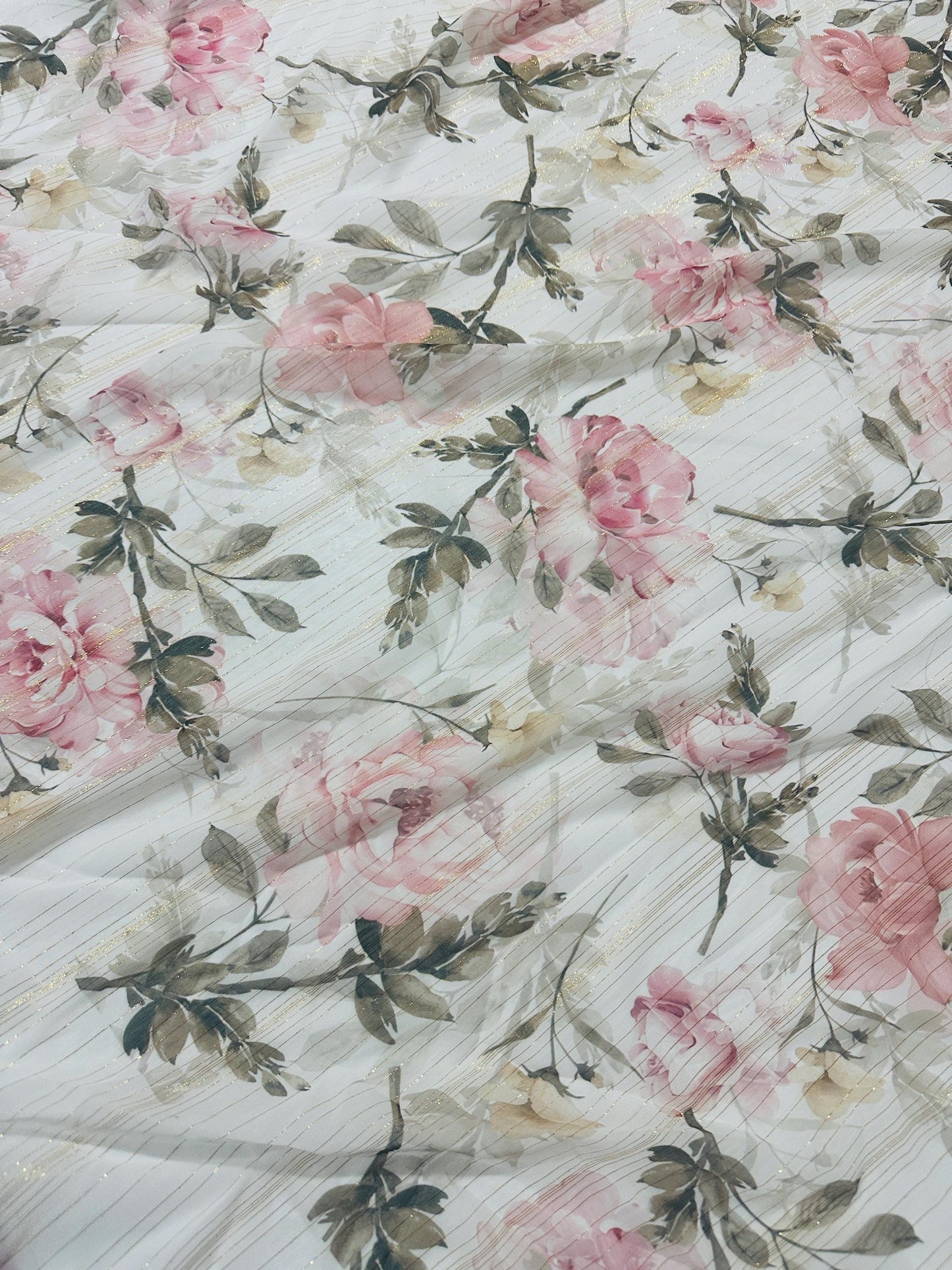 Gold Striped Floral Print Fabric