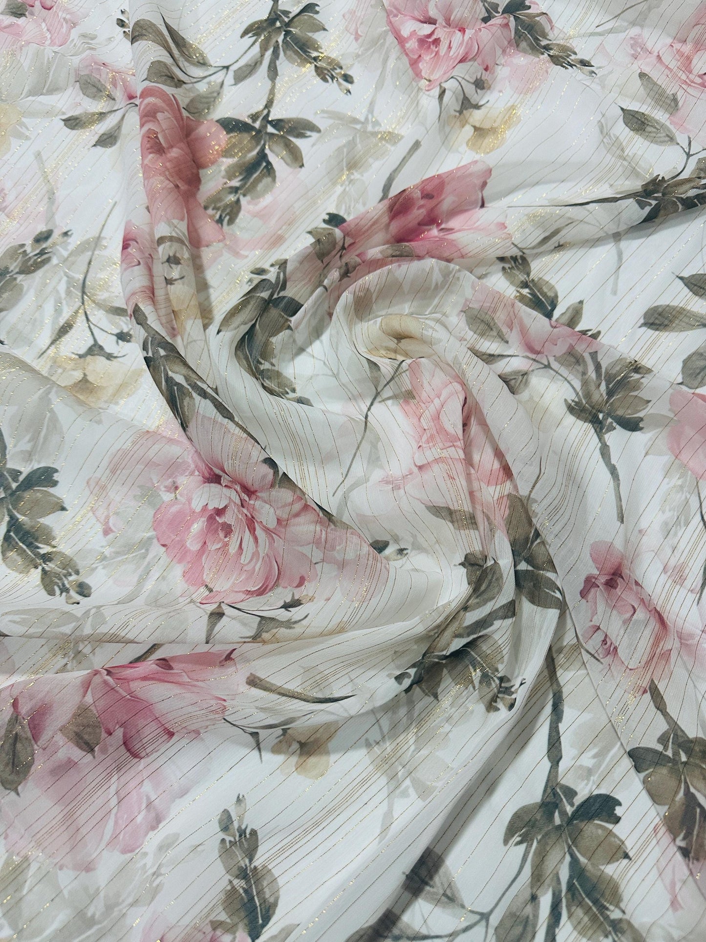 Gold Striped Floral Print Fabric