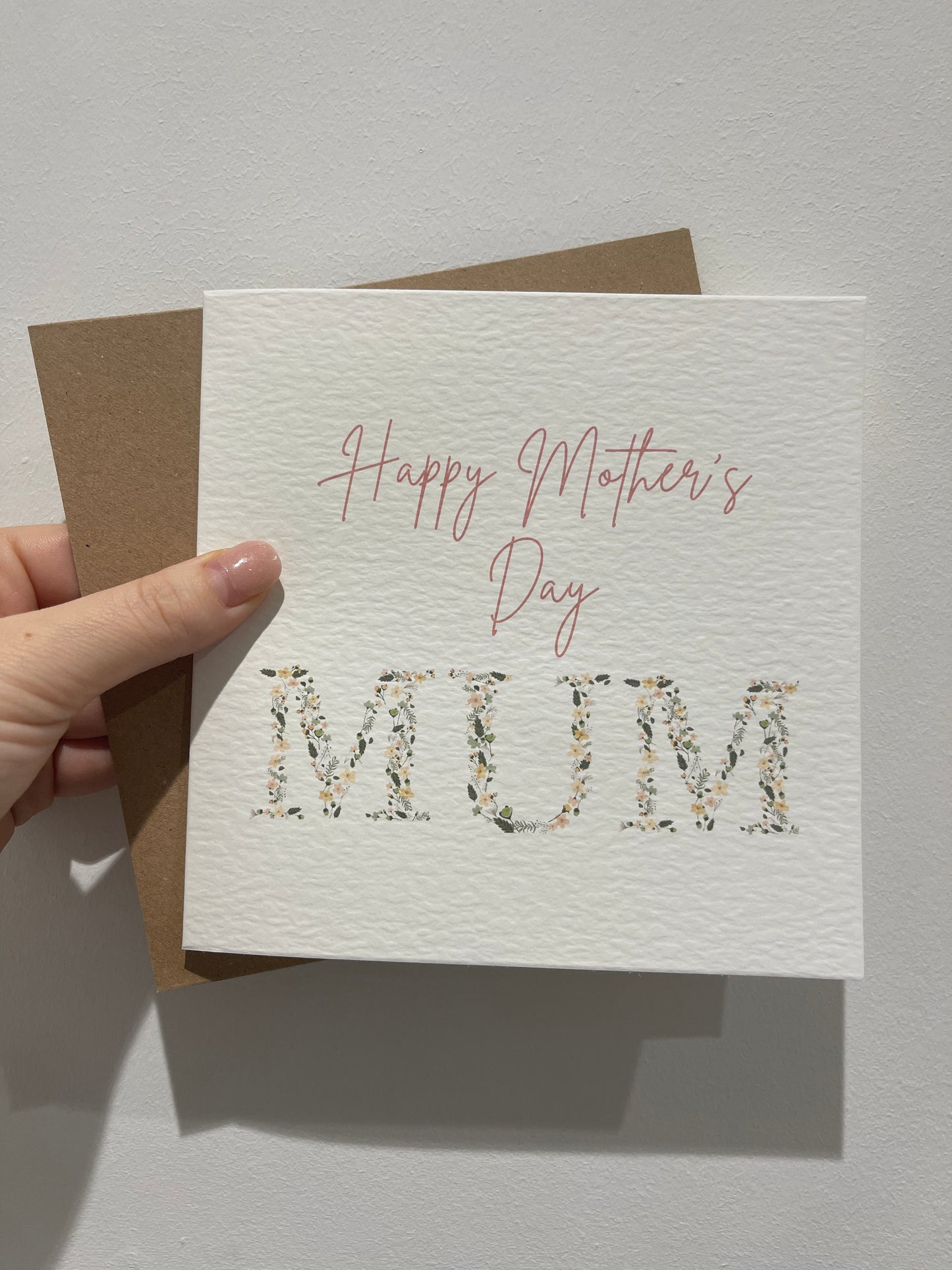 Happy Mothers Day Mum Pink Floral Letters Mothers Day Cute Funny Humorous Hammered Card & Envelope