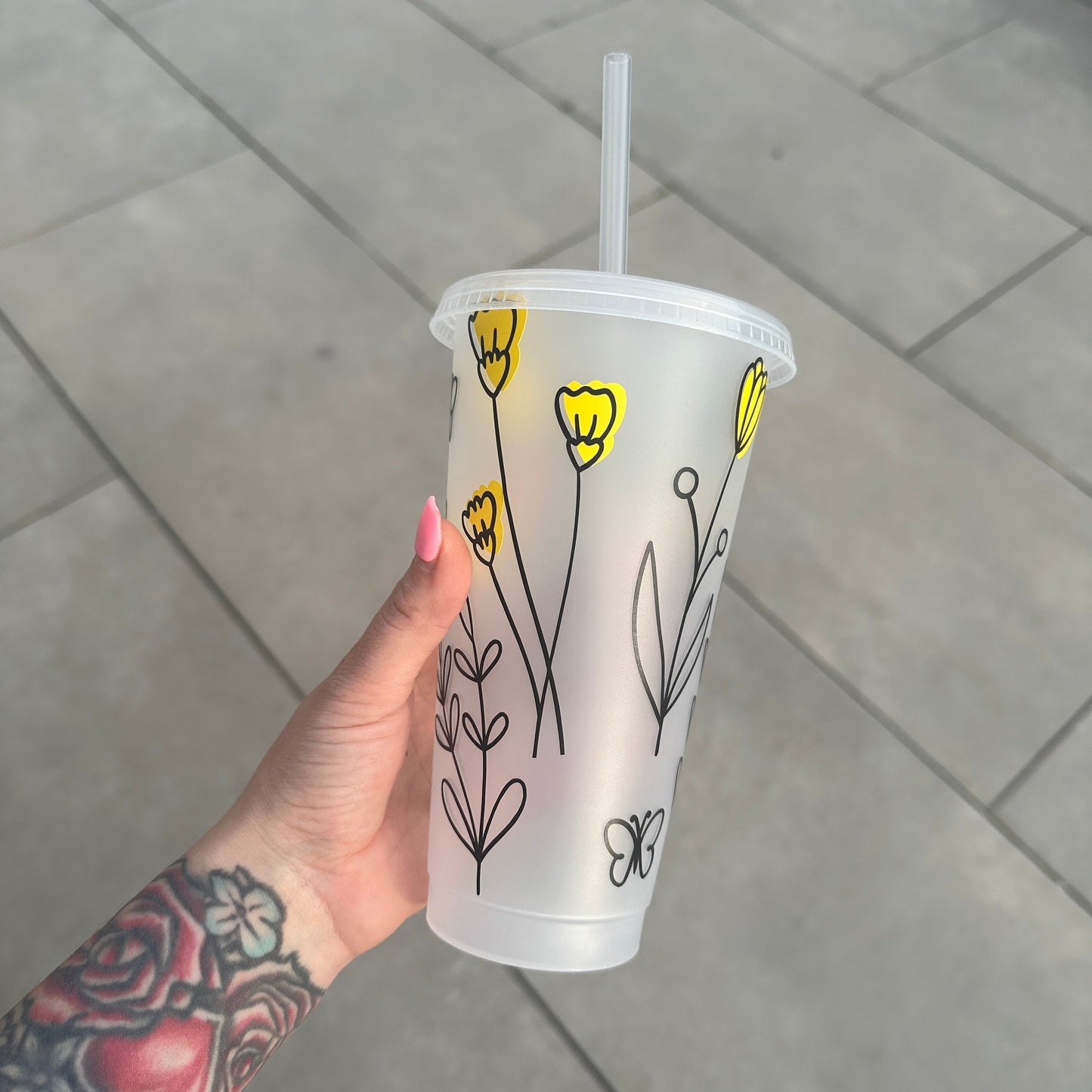 Yellow Floral Line Work Tumbler Venti Cold Cup 24oz - With Straw
