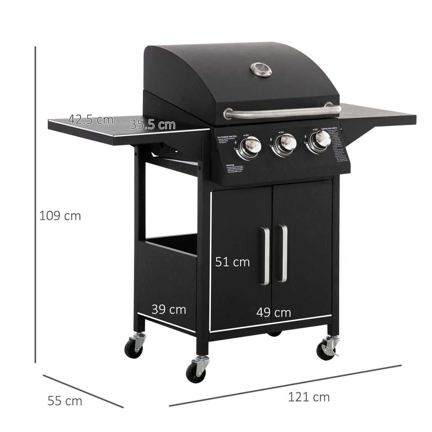 3 Burner Gas BBQ Grill Outdoor Portable Barbecue Trolley With Warming Rack