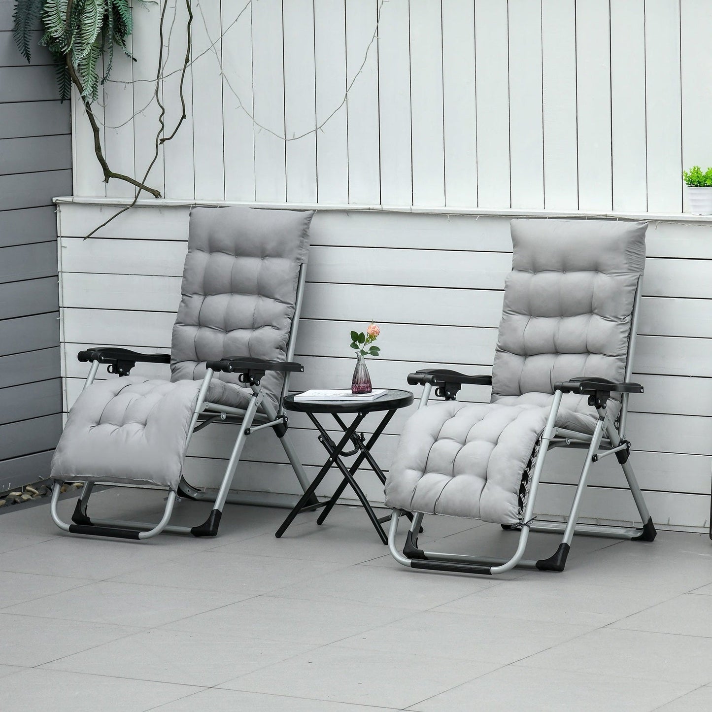 2-Piece Reclining Zero Gravity Chair Metal Frame Folding Garden Sun Lounger with Cushion Headrest Light Grey