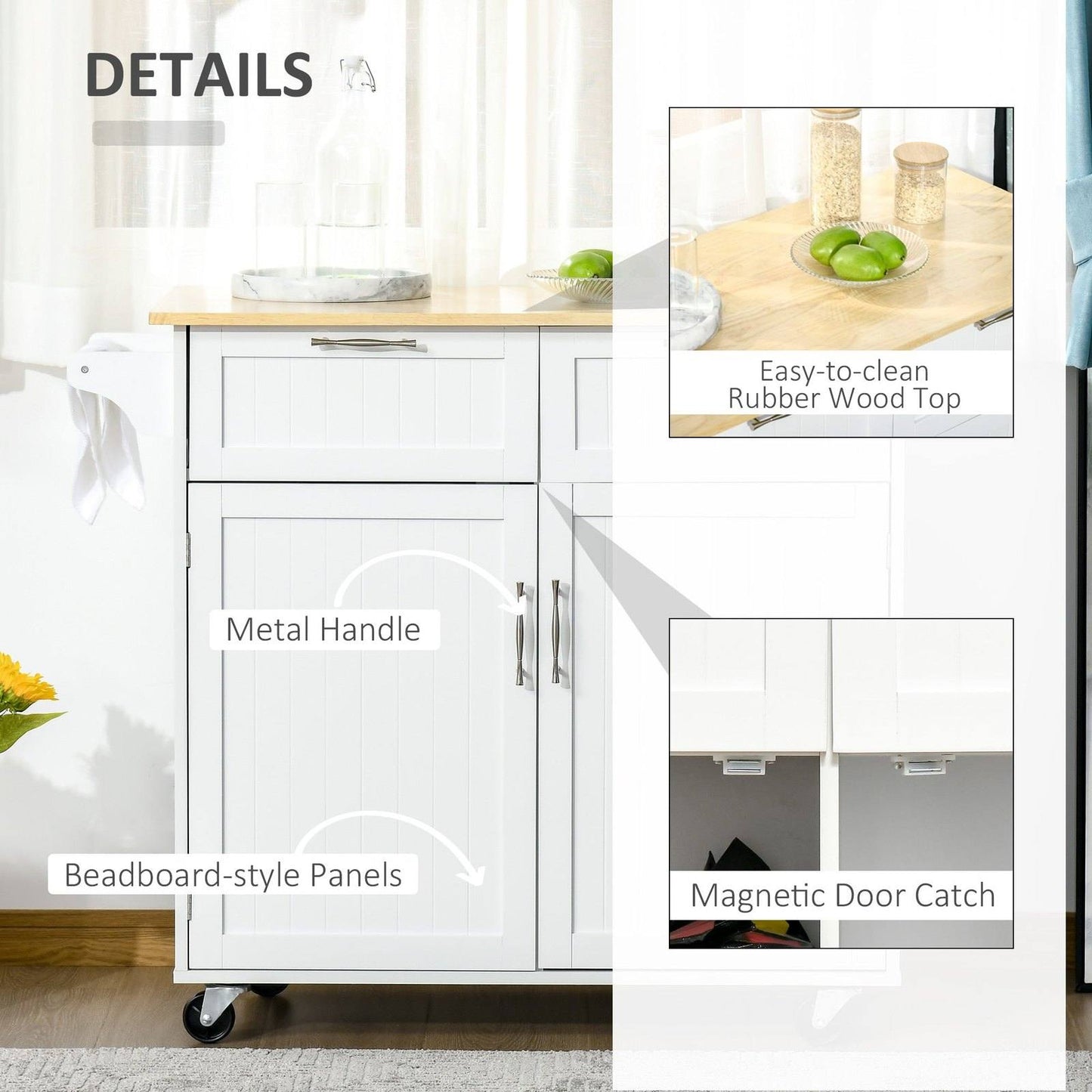 Modern Rolling Kitchen Island Storage Cart Utility Trolley with Rubberwood Top Two Drawers-White