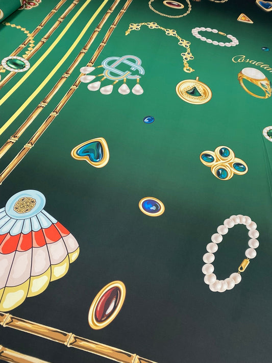 Jewellery Print Crepe Fabric by the Metre – Emerald Green Gold Motifs