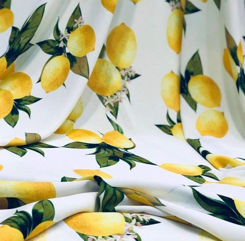 Lemon Pattern Cotton Fabric – Fabric by Metre, Options: Satin, Crepe, Spandex, Chiffon