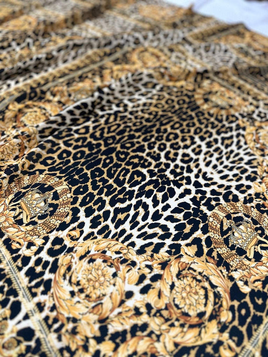 Leopard  Gold Baroque Patterned Crepe Fabric – Custom Printed Fabric, Choose Material by Metre