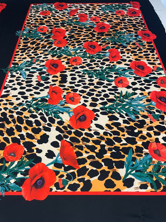 Leopard & Red Poppy Crepe Fabric by the Metre – Bold Design