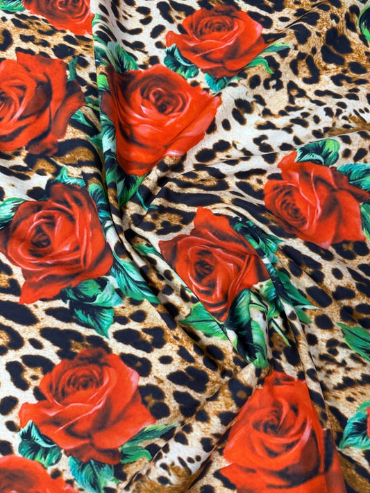 Leopard & Red Rose Organic Cotton Poplin Fabric by the Metre
