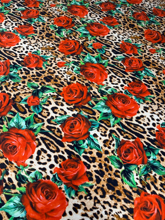 Leopard & Red Rose Organic Cotton Poplin Fabric by the Metre