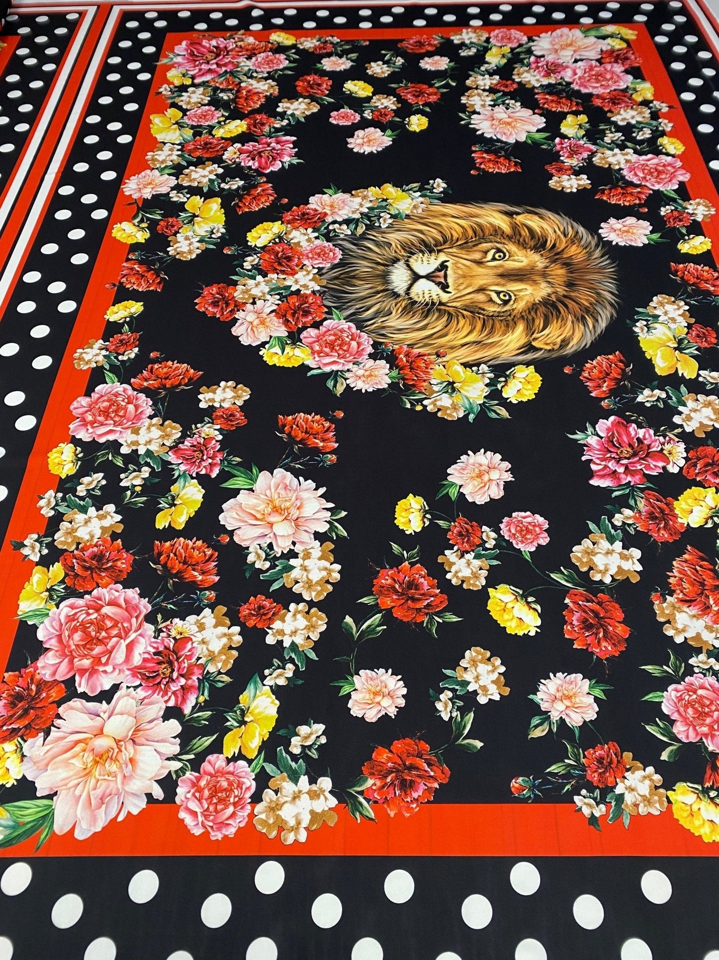 Lion & Floral Crepe Fabric by the Metre – Black Polka Dot