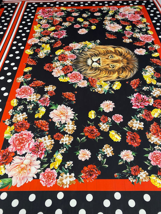 Lion & Floral Crepe Fabric by the Metre – Black Polka Dot