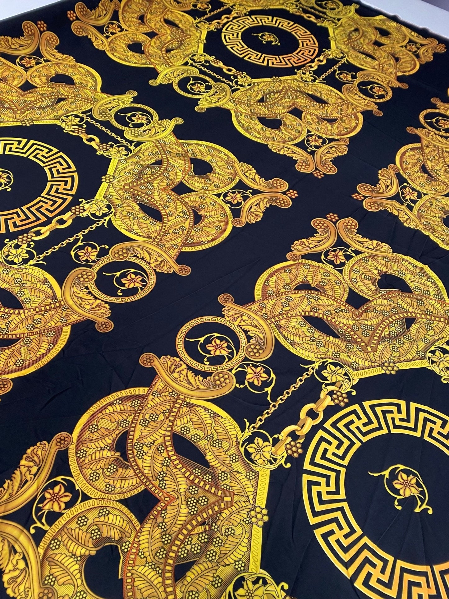 Luxury Baroque Chain Crepe Fabric by the Metre – Black & Gold Ornate