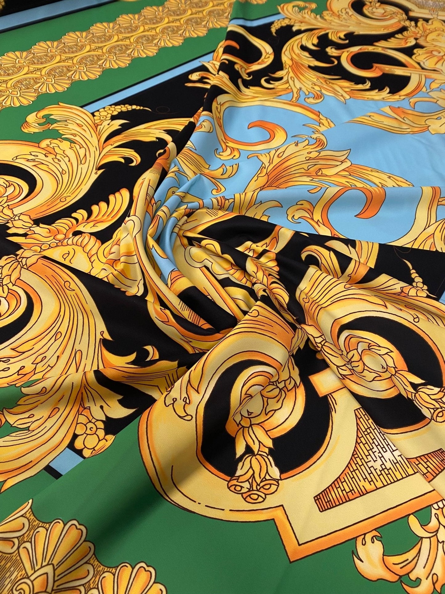 Luxury Baroque Crepe Fabric by the Metre – Black Gold & Green Ornate